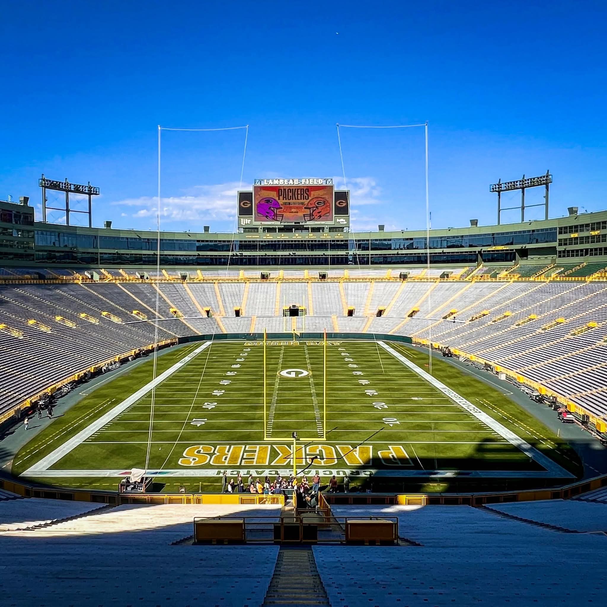 Lambeau Field interior view showing the iconic stadium and field